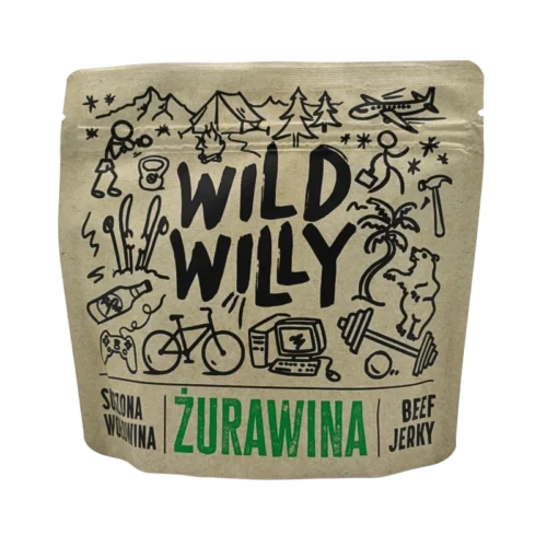 Wild Willy Beef Jerky Żurawina 100g, to suszona ligawa zamarynowana w żurawinie i soku z cytryny.