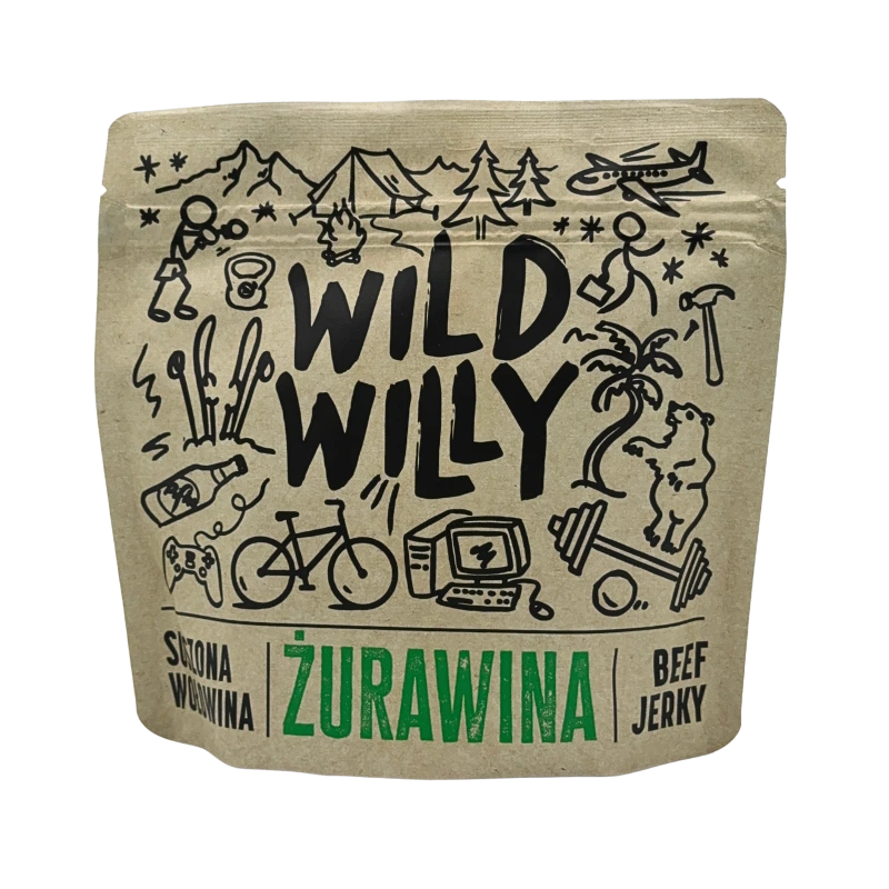 Wild Willy Beef Jerky Żurawina 100g, to suszona ligawa zamarynowana w żurawinie i soku z cytryny.