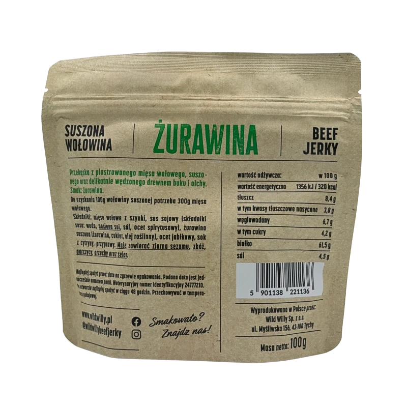 Wild Willy Beef Jerky Żurawina 100g, to suszona ligawa zamarynowana w żurawinie i soku z cytryny.
