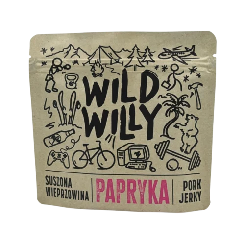 pork-jerky-papryka-100g-front Wild Willy Pork Jerky 100g Papryka, opartego na hiszpańskiej papryce wędzonej.