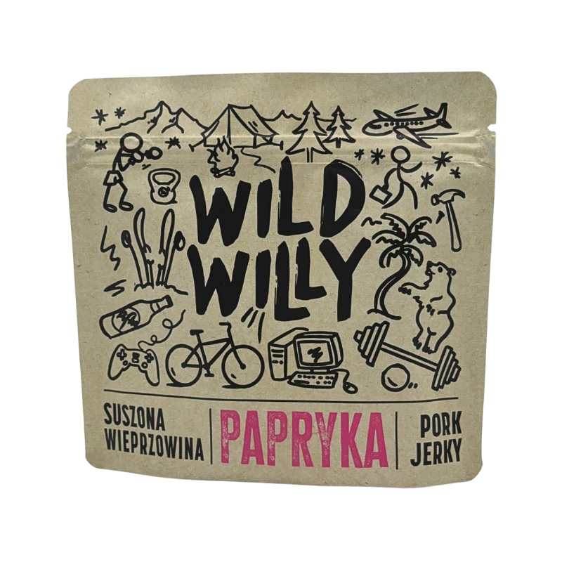 pork-jerky-papryka-100g-front Wild Willy Pork Jerky 100g Papryka, opartego na hiszpańskiej papryce wędzonej.