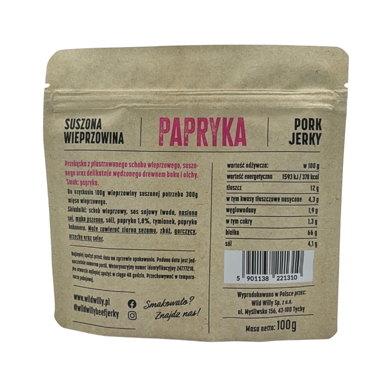 pork-jerky-papryka-100g-rear Wild Willy Pork Jerky 100g Papryka, opartego na hiszpańskiej papryce wędzonej.