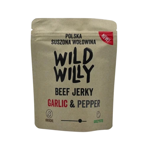 beef-jerky-garlic-pepper-front Nasza klasyka na nowo. Czosnek i pieprz w bardziej wilgotnej wersji!